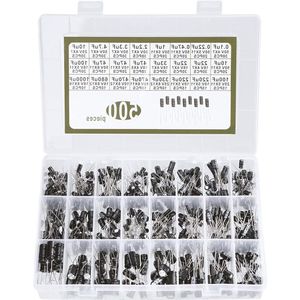 Elektrolytische condensatoren 10 V 16 V 25 V 50 V capaciteit 01 uF tot 1000 uF assortiment met opbergdoos 24 waarden 500 stuks