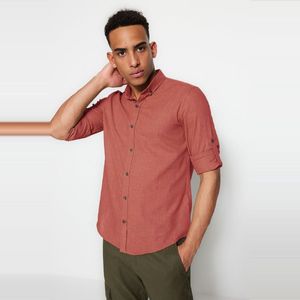 Trendyol Gedroogde Roos Basic Button-Down Kraag Epaulette Slim Fit Lange Mouw Linnen Look Overhemd Tmnss20Go0189