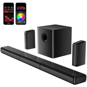 Soundbar - Soundbar voor TV - Afneembare Soundbar - 7.1CH - met 2 Surround-Luidsprekers - Subwoofer - RGB - APP-bediening - 102dB - 45Hz-20KHz - Compatibel met AUX - Optical Input - USB - Bluetooth - HDMI - Zwart