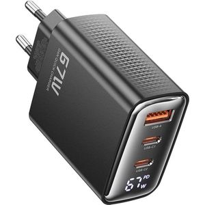 Toocki 67W Led Display Gan Lader - Snellader - 3 Poorten - 2x USB-C 1x USB-A - Tablet - Laptop - Mobiel - Samsung Galaxy - Iphone - Ipad - MacBook - Ipods