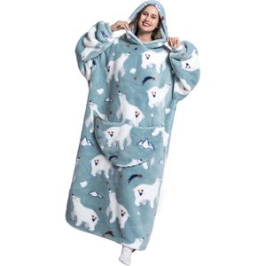 Oversized draagbare deken, hoodie voor dames en heren, volwassenen, oversized capuchondeken, knuffeltrui, draagbare deken, sweatshirt met zakken (ijsbeer)