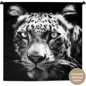 Wandkleed Close-up Dieren in Zwart-Wit - Close-up Perzisch luipaard tegen zwarte achtergrond in zwart-wit Wandkleed katoen 90x90 cm - Wandtapijt met foto