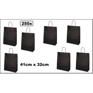 250x Koordtas Big zwart 41cm x 32cm - papier - goodiebag papieren draagtas tas koord festival kado themafeest party geschenken
