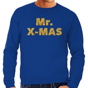 Foute Kersttrui / sweater - Mr. x-mas - goud / glitter - blauw - heren - kerstkleding / kerst outfit L