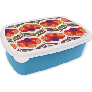Broodtrommel Blauw - Lunchbox - Brooddoos - Retro - Flower Power - Vintage - Kleuren - 18x12x6 cm - Kinderen - Jongen