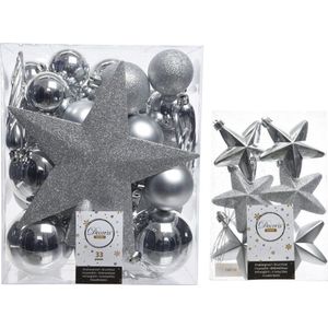 Kerstversiering kunststof kerstballen en hangers zilver 5-6-8 cm pakket van 39x stuks - Met ster vorm piek van 19 cm