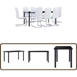 vidaXL 9-delige Eethoek - Glas & Kunstleer Eetset - Eettafel - Eetkamerstoel - Zwarte Eettafel - Witte Eetkamerstoel