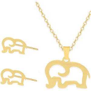 Cadeau Ketting & Oorbellen set met Olifant - Roestvrij Staal - Goudkleurig - Cadeau Sieraad op Kaartje - Pax Amare