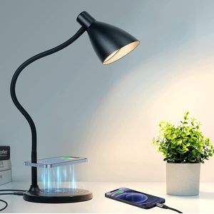 Lampen District® - Bureaulamp met draadloze telefoon oplader - 5 verlichtingsmodes & 7 helderheidsniveaus - Zwanenhals - Tafellamp slaapkamer