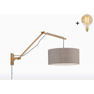 Wandlamp met Lange Arm - ANDES - Naturel Bamboe - Donker Linnen - Met LED-lamp