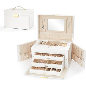 Large Jewellery Box with 4 Levels Lockable Drawers and Mirror - White - Rings Earrings Necklace Storage for Women and Girls