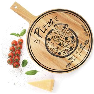 Pizzaplank met handvat en opdruk van mangohout, 42 x 30 cm, houten plank, vesperplank, kaasplank, worstplaat, pizzabord