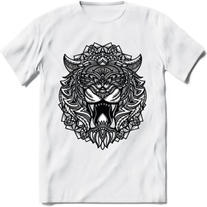 Tijger - Dieren Mandala T-Shirt | Grijs | Grappig Verjaardag Zentangle Dierenkop Cadeau Shirt | Dames - Heren - Unisex | Wildlife Tshirt Kleding Kado | - Wit - XXL