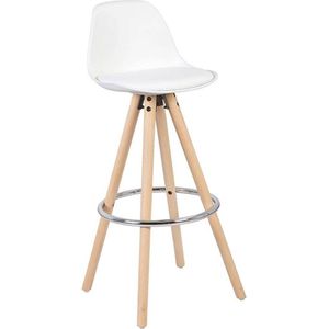 Hoge Barkruk - Zithoogte 75cm - Wit - Set van 1 - Keuken - Barstoelen - Met rugleuning - Kunstleer - Bruin frame