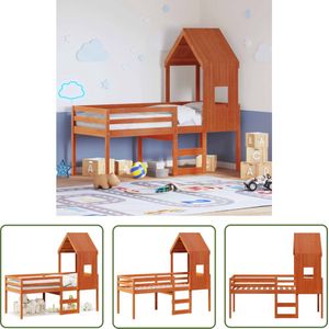 The Living Store Hoogslaper met dak massief grenenhout wasbruin 90x200 cm - Hoogslaper - Kinderbed - Houten Bed - Grenenhouten Bed - Kids Bed