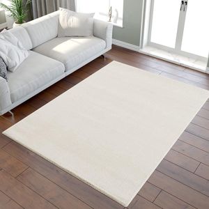 Laagpolig tapijt voor de woonkamer, effen moderne tapijten voor de slaapkamer, werkkamer, kantoor, hal, kinderkamer en keuken, crème, 160 x 230 cm