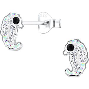 Joy|S - Zilveren baby zeepaardje oorbellen - 5 x 8 mm - wit - kristal - glittertjes - kinderoorbellen