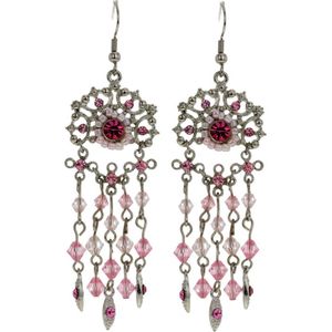 Behave Oorbellen hangers zilver kleur met roze details