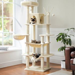 Kattenboom – Katten Klimmuur - Krabpaal - Kattenmeubel - met Hangmatten en Huisjes - 7-Laagse - 175cm - Sisal Krabpalen - Arbre a Chat - Beige