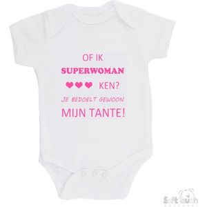 100% katoenen Romper ""Of ik Superwoman ken Je bedoelt gewoon mijn tante"" Meisjes Katoen Wit/roze Maat 56/62