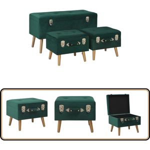 vidaXL Opbergkrukken Set - Fluweel - Groen - 3 Stuks Opbergkruk - Fluweelkruk - Groene Kruk - Gouden Kruk - Salontafel