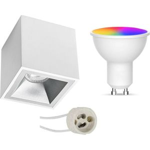 Opbouwspot Set GU10 - Oficto - Smart LED - Wifi LED - Slimme LED - 5W - RGB+CCT - Aanpasbare Kleur - Dimbaar - Afstandsbediening - Proma Cliron Pro - Opbouw Vierkant - Mat Wit - Verdiept - 90mm