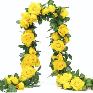 bloemenkrans, kunstbloemen, zijden bloemen, roos, slinger, hangende wijnstok voor thuis, muur, bruiloft, boog, arrangement, decoratie (2 stuks, 9 bloemengeel)
