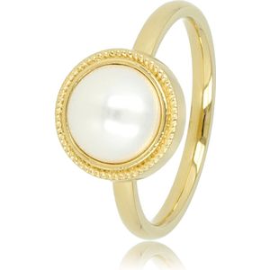 My Bendel Goudkleurige aanschuifring met witte parel - Goudkleurige edelstalen vintage ring met witte parel steen - Met luxe cadeauverpakking