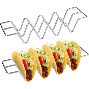 Taco houder standaard, 2 stuks tacohouders roestvrij staal, Mexicaans voedselrek, taco dienbladen, met handgrepen, kan 3 of 4 taco's bevatten, voor restaurant, thuis, feest, picknick (zilver)