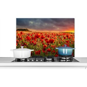 Spatscherm keuken 80x55 cm - Kookplaat achterwand Zonsondergang - Klaprozen - Rood - Bloemen - Veld - Natuur - Muurbeschermer - Spatwand fornuis - Hoogwaardig aluminium