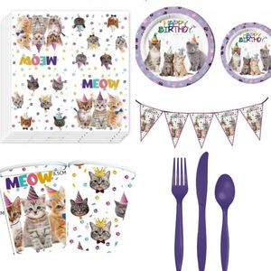 71-delige party set Happy Birthday Cats multi coloured met paars, lila en wit - kat - poes - verjaardag - happy birthday - slinger - bestek