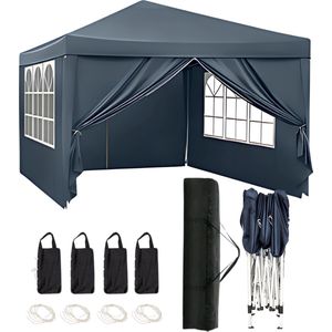 Qualytents - Partytent - Easy up - 3 x 3m - Paviljoen met Zijpanelen - Opvouwbaar - Waterdichte Tent - In Hoogte Verstelbaar - Blauw - Extra stevig