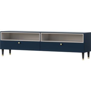 TV-meubel - Includo - 200x55x40 - Plank - Lade - Marineblauw - Gouden accenten
