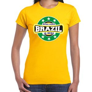 Have fear Brazil is here t-shirt met sterren embleem in de kleuren van de Braziliaanse vlag - geel - dames - Brazilie supporter / Braziliaans elftal fan shirt / EK / WK / kleding XL