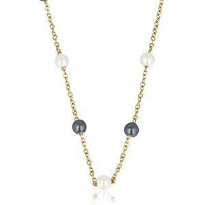 My Bendel Goudkleurige dunne schakelketting met witte en zwarte parels - Fijne goudkleurige schakelketting met zwarte en witte parel - Met luxe cadeauverpakking