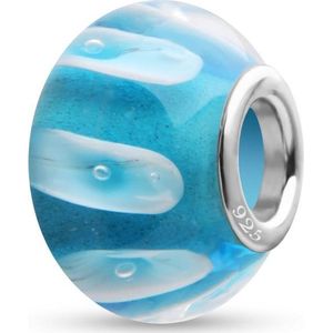 Quiges - 925 - Sterling - zilver - Glazen - Kraal - Bedels - Beads - Lichtblauw en Wit - Past op alle bekende merken - Armband GZ017