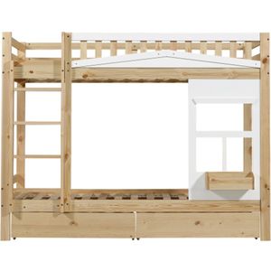 Gotagee Stapelbed, kinderbed met raam, met veiligheidshekje, stabiele leuning, twee lades met wielen, veel opbergruimte, wit+naturel, 90x200cm
