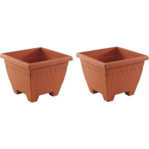 Hega Hogar Plantenbak - 2x - terracotta - vierkant - kunststof - Woon/tuinaccessoires/decoratie - Vierkante bloempotten/plantenpotten voor binnen/buiten