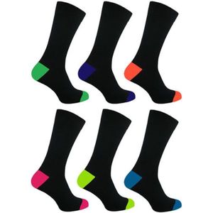 Neon sokken - 6 paar zwart met fluor gekleurde hiel en teen - maat 39 - 46