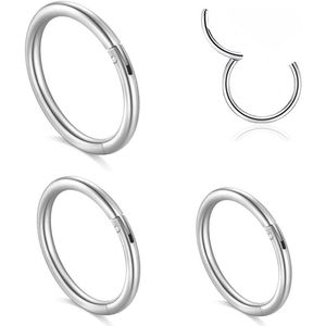 Neusringen set van 3 stuks voor dames - Roestvrij staal 316L - Naadloze open oorbellen - Zilver - 1 cm