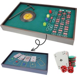Cheqo® 2-in-1 Casino Speeltafel - Pokertafel - Roulette en Blackjack - Dubbelzijdig Speelmat - Inclusief Kaarten, Dobbelstenen, Pokerchips, Roulette Wiel & Hark - MDF Plaatmateriaal - 52 x 32 x 6.5 cm - Speelkleed - Gezelschapsspel