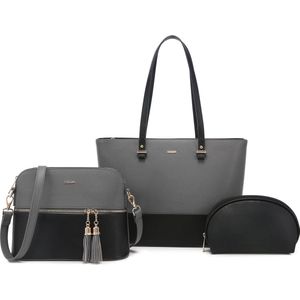 3-delige tassen set - Zwart/grijs - Schoudertas, crossbody tas, kleine tas - 30 x 12 x 26.5 cm - Damestas met veel capaciteit - Schooltas, shopper, werktas, festivaltas - waterbestendig - Gouden hardware