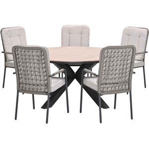 Garden Impressions Aleria tuinset 6-delig taupe - Tulli tuintafel Ø148x75 cm - light teak vironwood
