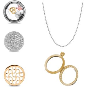 Silventi 8SL-SET0123 LOCKits set met Ketting - 5-delig - Munten - 20 mm Doorsnee - Hanger - Zirkonia - Bolletjesketting - 60 cm - Goudkleurig