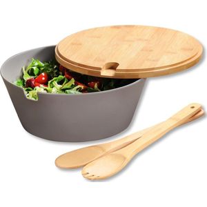 Salade Schaal Ø26 Cm - Saladeschaal met FSC® Bamboe Deksel en 2 Salade Lepels - Slakom - Salade Bak - Afm 26x26x11 Cm - SET