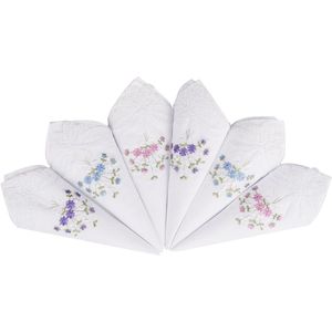 6 stuks stoffen zakdoeken voor dames, 100% katoen met bloemenborduurwerk en kant, vlinderrand, wit (3 kleuren bloemen)