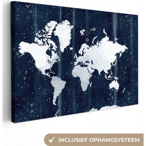 Canvas Wereldkaart - 120x80 - Wanddecoratie Wereldkaart - Wit - Blauw