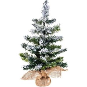 Blooming kunst (tafel)kerstboom - 50 cm - groen - Ø 29 cm - 54 tips - besneeuwd - jute zak