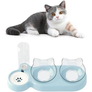 Kattenvoerbak, voederbak, kattenbakset, kattenvoerbak met waterdispenser kat, automatische waterfles, afneembare voerbak voor katten en honden (blauw)