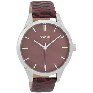 OOZOO Timepieces - Zilverkleurige horloge met bordeaux rode leren band - C9722